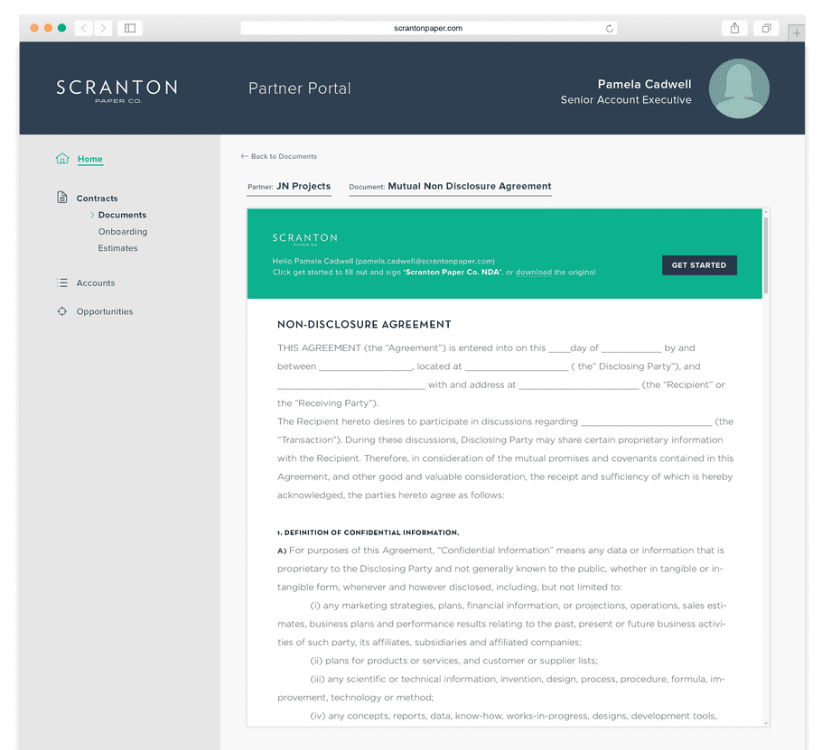The initial signing page in this example has been personalized and has different colors.
