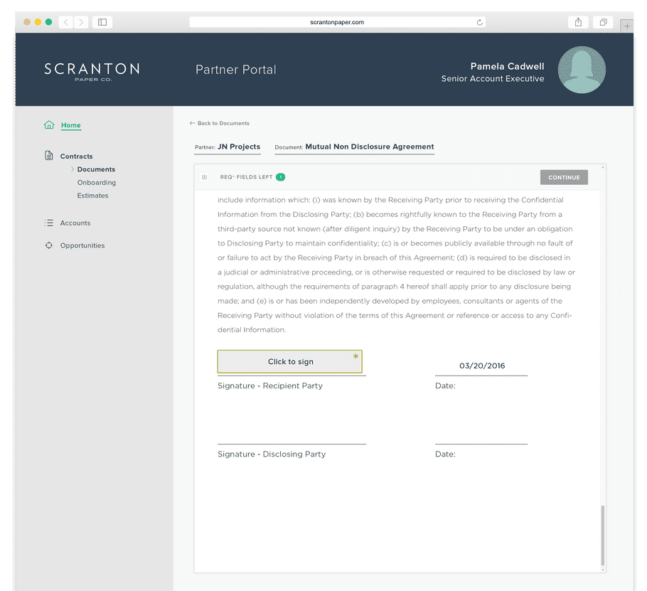 Shows the personalized once a user clicks to sign the signature box.